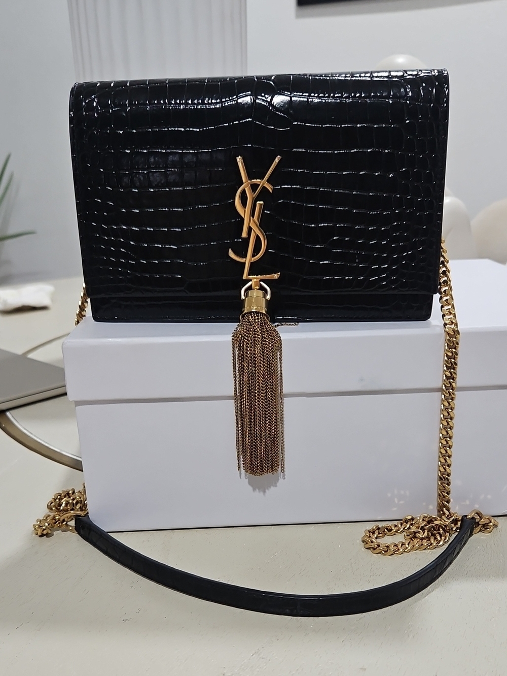 Saint Laurent Black Croc-Embossed Leather Chain Crossbody with Gold Tassel